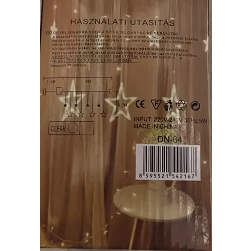 Lanț de iluminat cortină decorativ extensibil cu LED-uri, cu 108 lumini LED colorate, neînlocuibile, în carcase transparente din plastic în formă de stea și o cutie de unitate redresoare electronică albă.