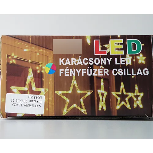 Lanț de iluminat cortină decorativ extensibil cu LED-uri, cu 108 lumini LED colorate, neînlocuibile, în carcase transparente din plastic în formă de stea și o cutie de unitate redresoare electronică albă.