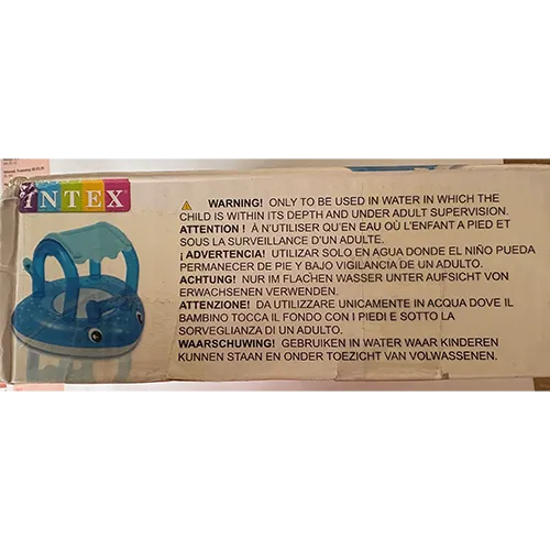 Scaun de înot gonflabil albastru cu baldachin, în formă de pește cu structură de acoperiș. Mai multe bile cu clopote sunt integrate în zona frontală de deasupra capului peștelui.