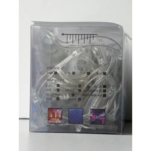 Lanț de iluminat LED decorativ extensibil în stil ciclic, cu 125 de lumini LED albastre neînlocuibile, fire izolate transparente și o cutie mică de redresor electronic alb.